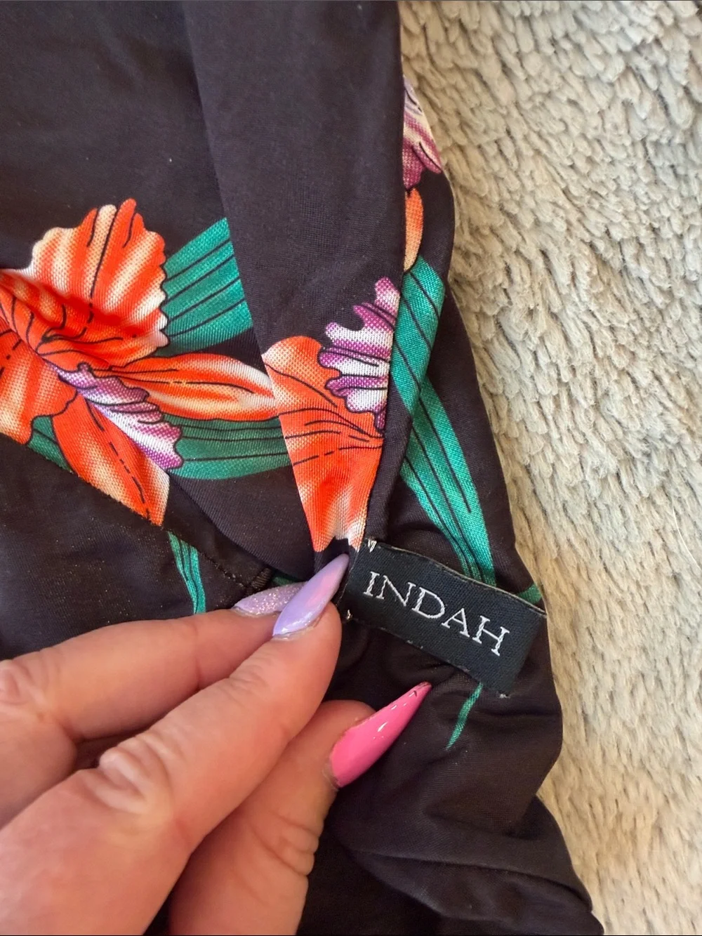 Indah Black One-Piece Swimsuit with Red Floral Print